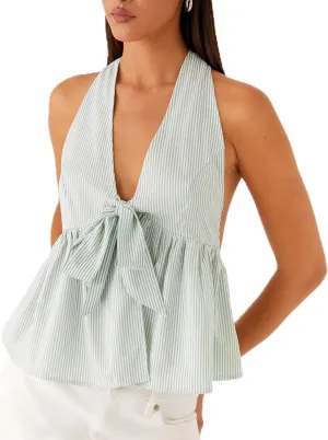 NUFIWI Sexy Stripe Peplum Halter Top Sleeveless Open Back Striped Camisole Tie Neck Ruffled A Line Cami Tank Tops