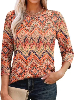 OFEEFAN 3/4 Length Sleeve Womens Tops Round Neck Blouses Dressy Casual Basic Pleated Shirts 2025
