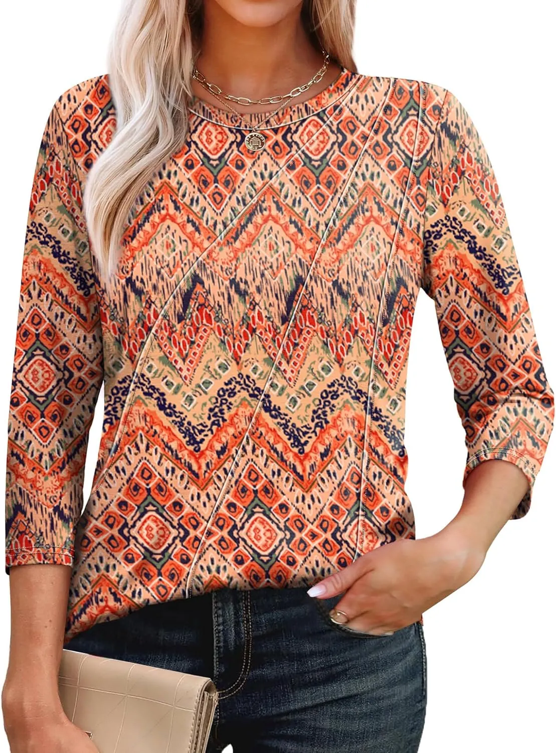 OFEEFAN 3/4 Length Sleeve Womens Tops Round Neck Blouses Dressy Casual Basic Pleated Shirts 2025