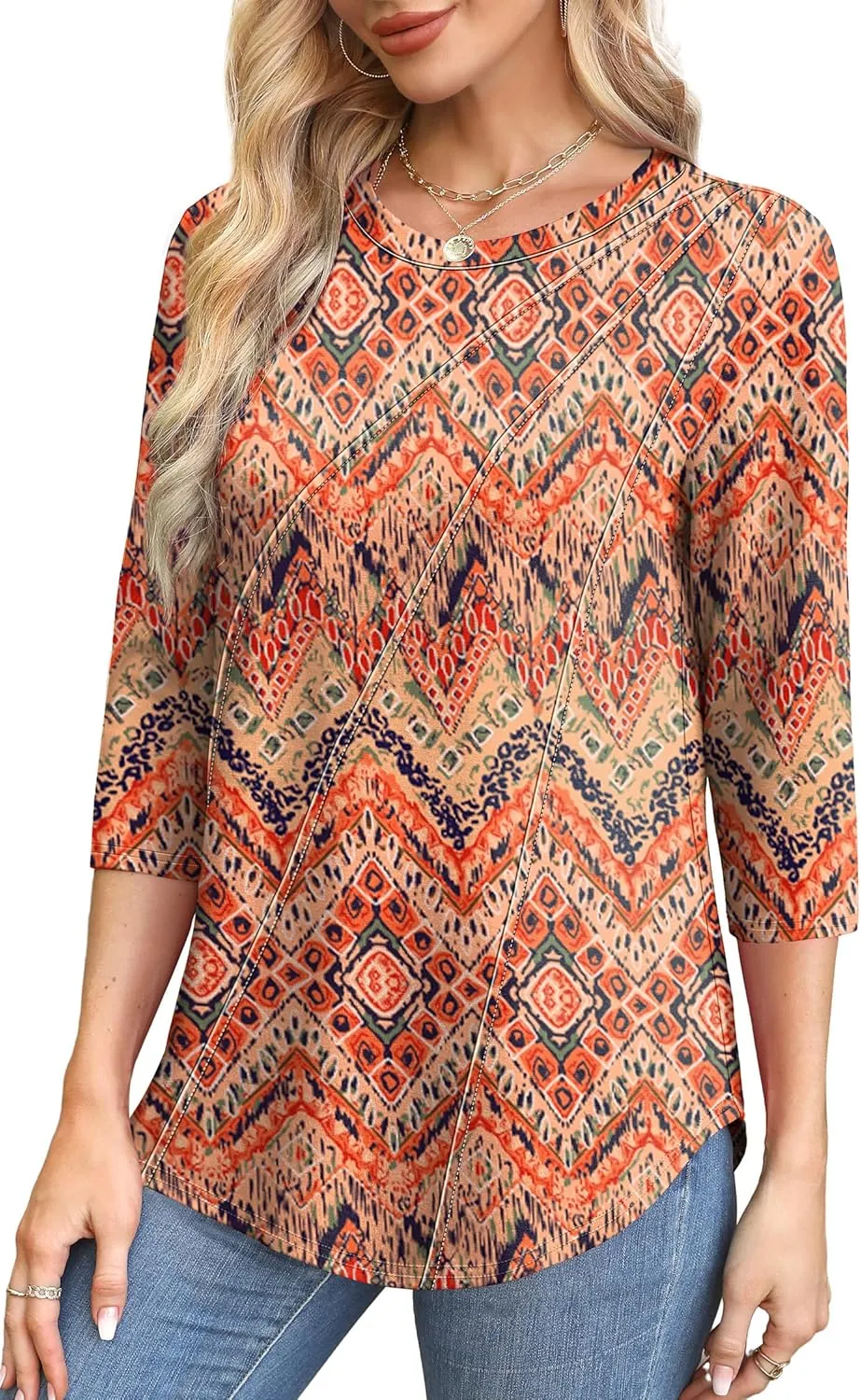 OFEEFAN 3/4 Length Sleeve Womens Tops Round Neck Blouses Dressy Casual Basic Pleated Shirts 2025