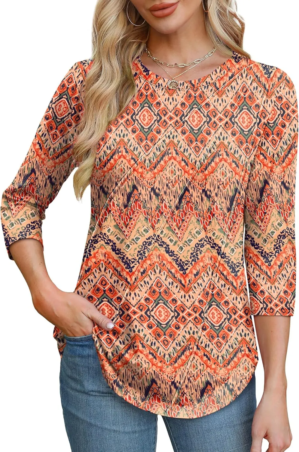 OFEEFAN 3/4 Length Sleeve Womens Tops Round Neck Blouses Dressy Casual Basic Pleated Shirts 2025