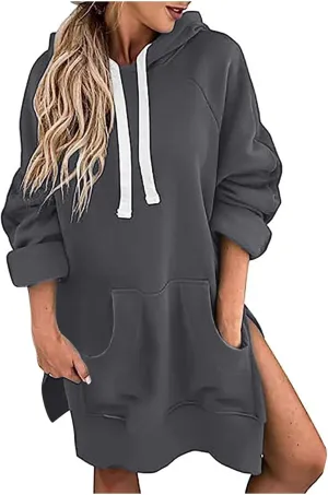 oiangi Hoodies for Women Pullover Fall Winter Trendy Oversized Long Sleeve Drawstring Side Slit Hem Sweatshirt Dress Pockets