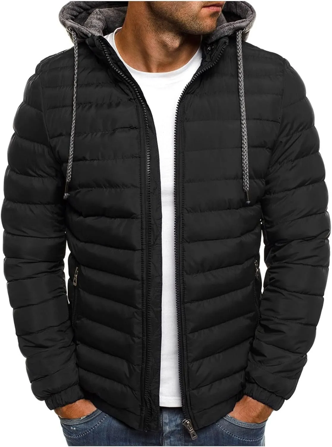 oiangi Puffer Jacket Men with Hood Warm Winter Full Zip Insulated Puffy Quilted Lined Coat Lightweight Packable Down Jackets