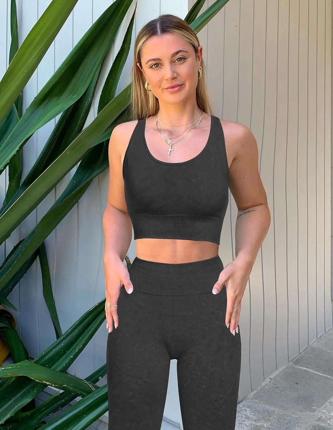 OLCHEE Womens Workout Sets 2 Piece - Acid Wash Seamless Yoga Outfits High Waist Leggings Padded Racerback Sports Bra Gym Set