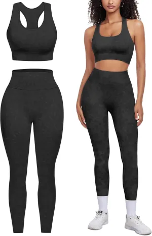 OLCHEE Womens Workout Sets 2 Piece - Acid Wash Seamless Yoga Outfits High Waist Leggings Padded Racerback Sports Bra Gym Set