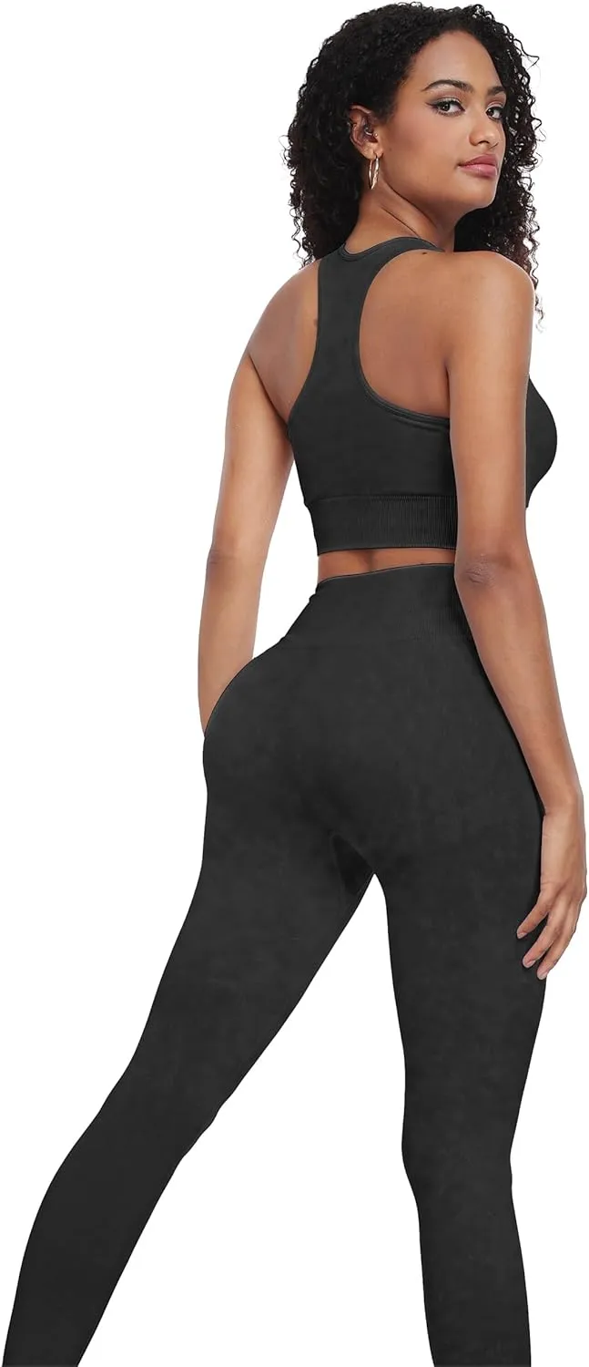OLCHEE Womens Workout Sets 2 Piece - Acid Wash Seamless Yoga Outfits High Waist Leggings Padded Racerback Sports Bra Gym Set