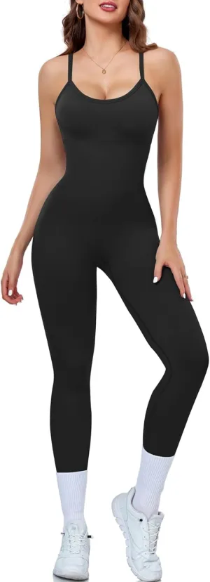OLCHEE Womens Workout Yoga Jumpsuits Rompers - One Piece Seamless Unitard Leggings Spaghetti Strap Bodysuit Gym