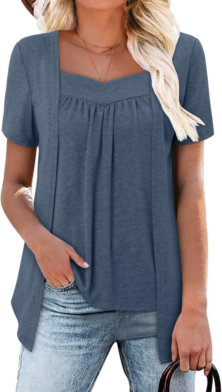 ONLYSHE Womens Shirts Cute Summer Lightweight Tunic Flowy Tops Short Sleeve Blouse Dressy Casual