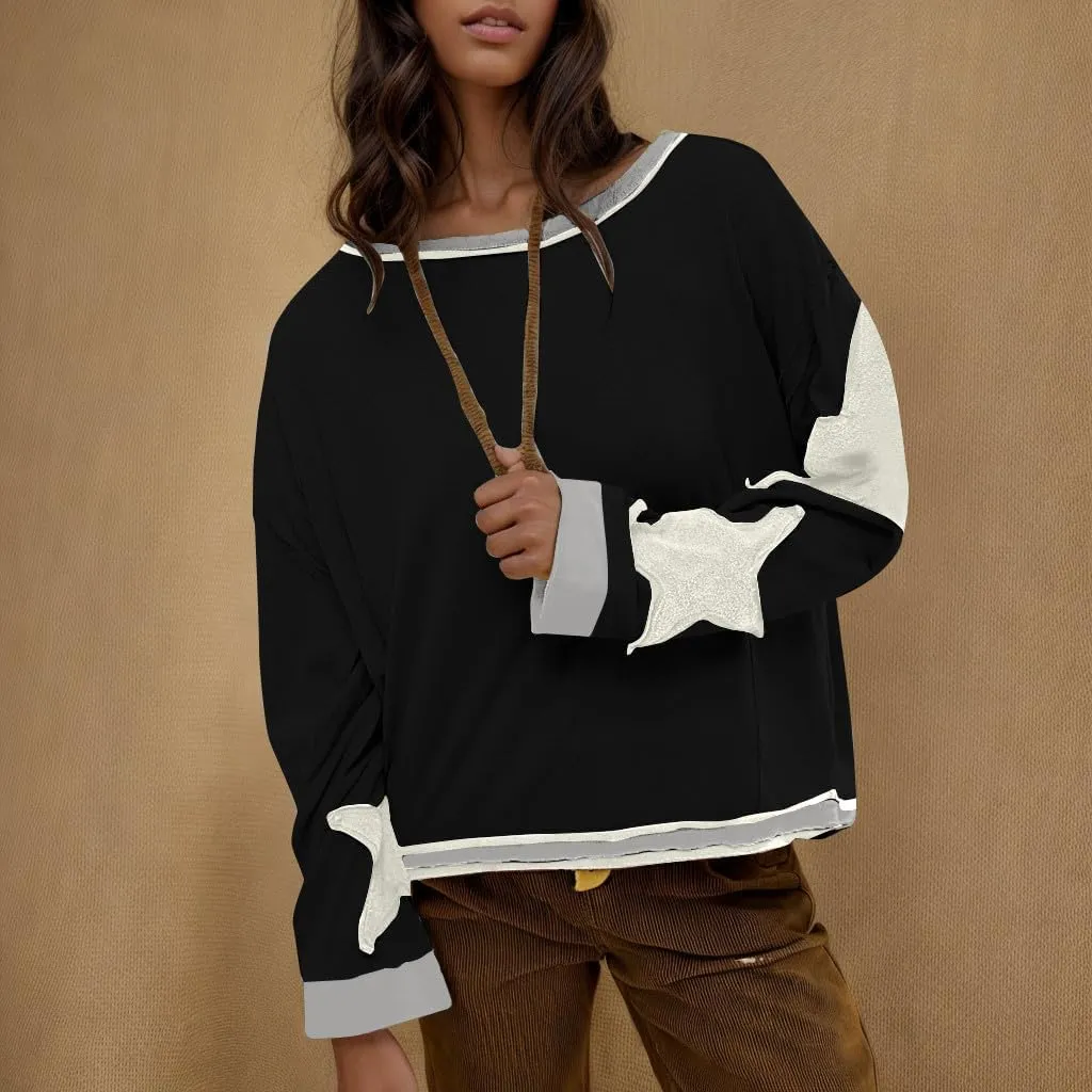Oversized Star Sweatshirts For Women Fall Fashion 2024 Graphic Long Sleeve Crewneck Drop Shoulder Pullover Tops