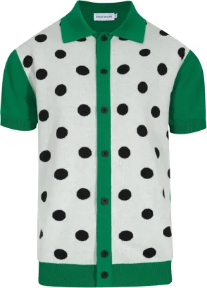 OXKNIT Knit Polo Shirts for Men, Green Dot Pattern Vintage Polo Shirt Casual Button-Down Short Sleeve Golf T Shirts