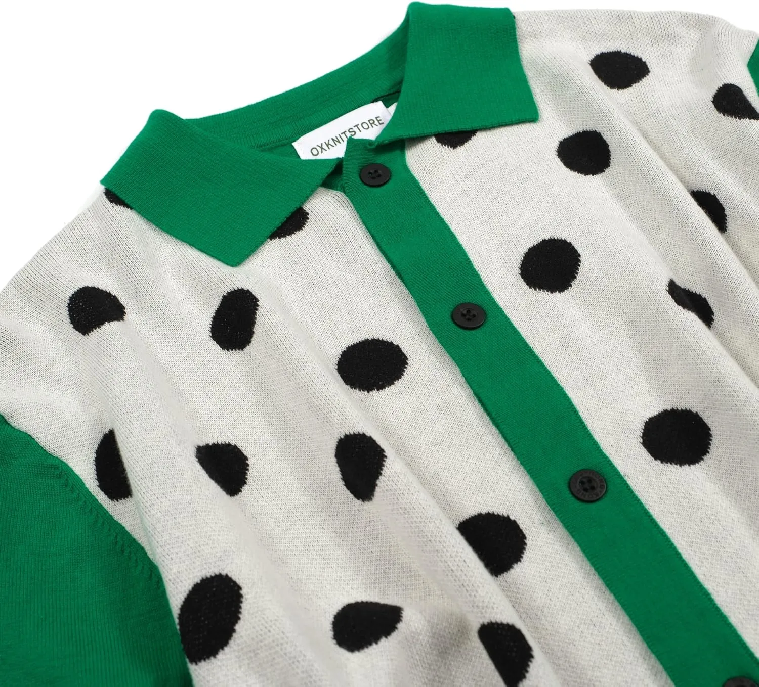 OXKNIT Knit Polo Shirts for Men, Green Dot Pattern Vintage Polo Shirt Casual Button-Down Short Sleeve Golf T Shirts