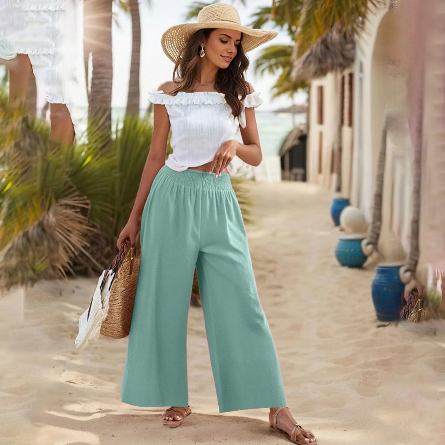 Palazzo Cotton Linen Pants Women Casual Summer Smocked Elastic High Waisted Wide Leg Pants Loose Vacation Beach Pant