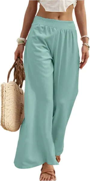 Palazzo Cotton Linen Pants Women Casual Summer Smocked Elastic High Waisted Wide Leg Pants Loose Vacation Beach Pant
