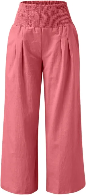 Palazzo Pants Womens Casual Linen High Waist Pants Drawstring Loose Fit Summer Pants Trousers with Side Pockets