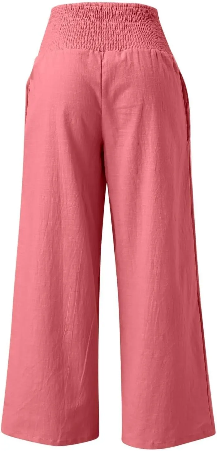 Palazzo Pants Womens Casual Linen High Waist Pants Drawstring Loose Fit Summer Pants Trousers with Side Pockets