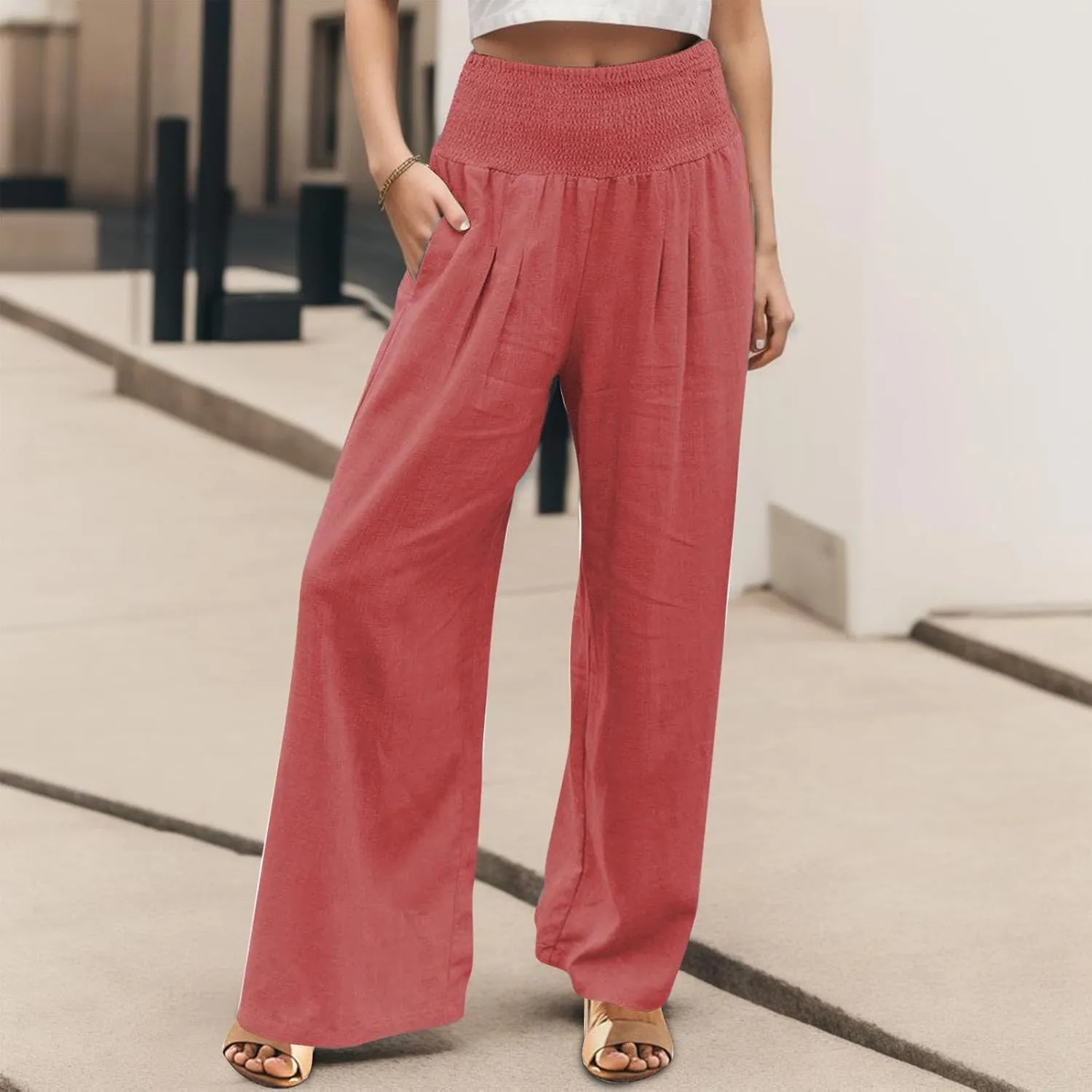 Palazzo Pants Womens Casual Linen High Waist Pants Drawstring Loose Fit Summer Pants Trousers with Side Pockets