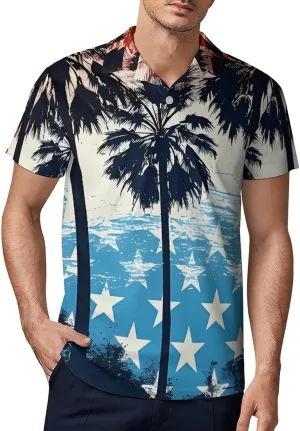Palm Trees U.S. Flag Men's Polo Shirt Short Sleeve Casual Athletic Quick Dry Golf T-Shirts