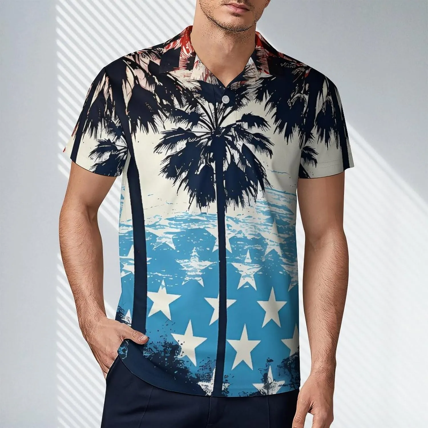 Palm Trees U.S. Flag Men's Polo Shirt Short Sleeve Casual Athletic Quick Dry Golf T-Shirts