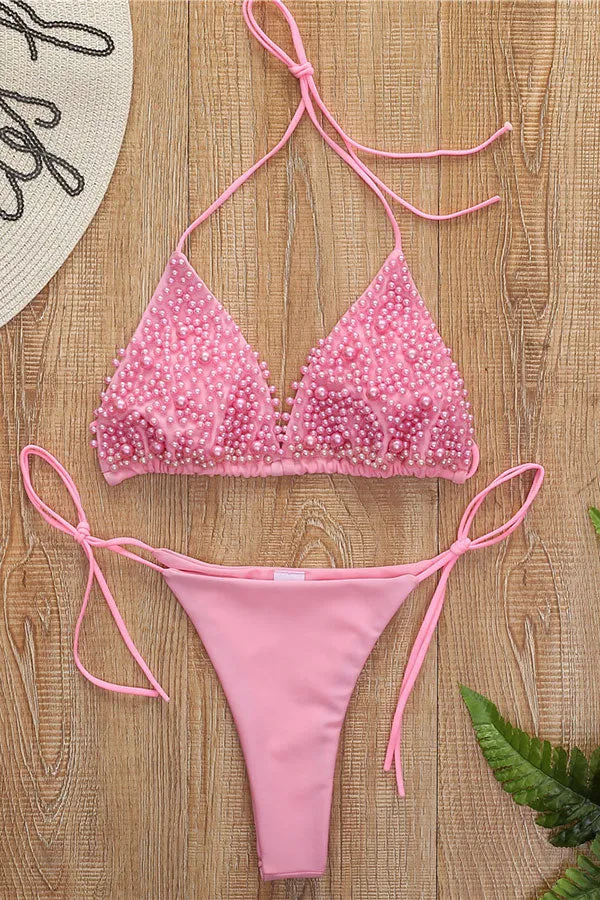 Pearls Patchwork Halter Collar Chic Tie Side Bikini