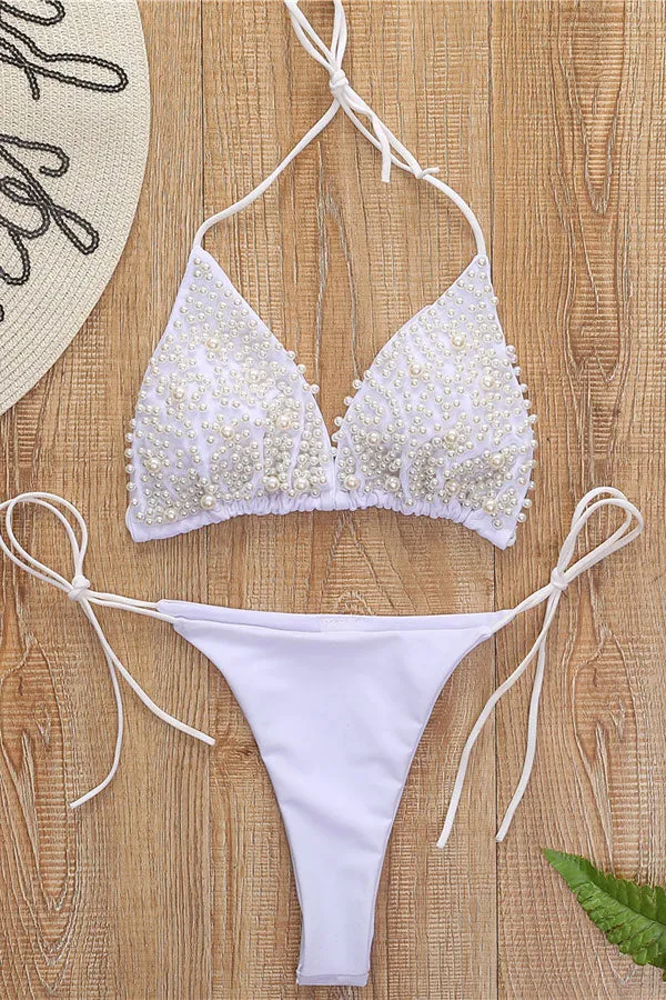 Pearls Patchwork Halter Collar Chic Tie Side Bikini
