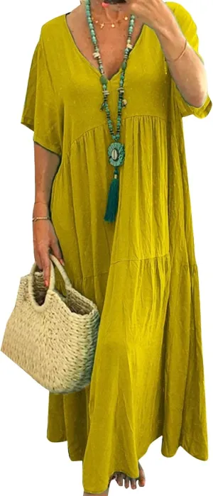 Plus Size Cotton Maxi Dress Womens Summer Beach Cotton Linen Maxi Dresses V Neck Short Sleeve Casual Loose Dress