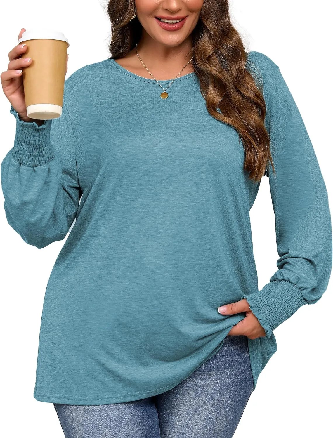 Plus Size Long Sleeve Shirts Womens Trendy Ribbed Sleeve Tshirts Loose Fit Casual Tops