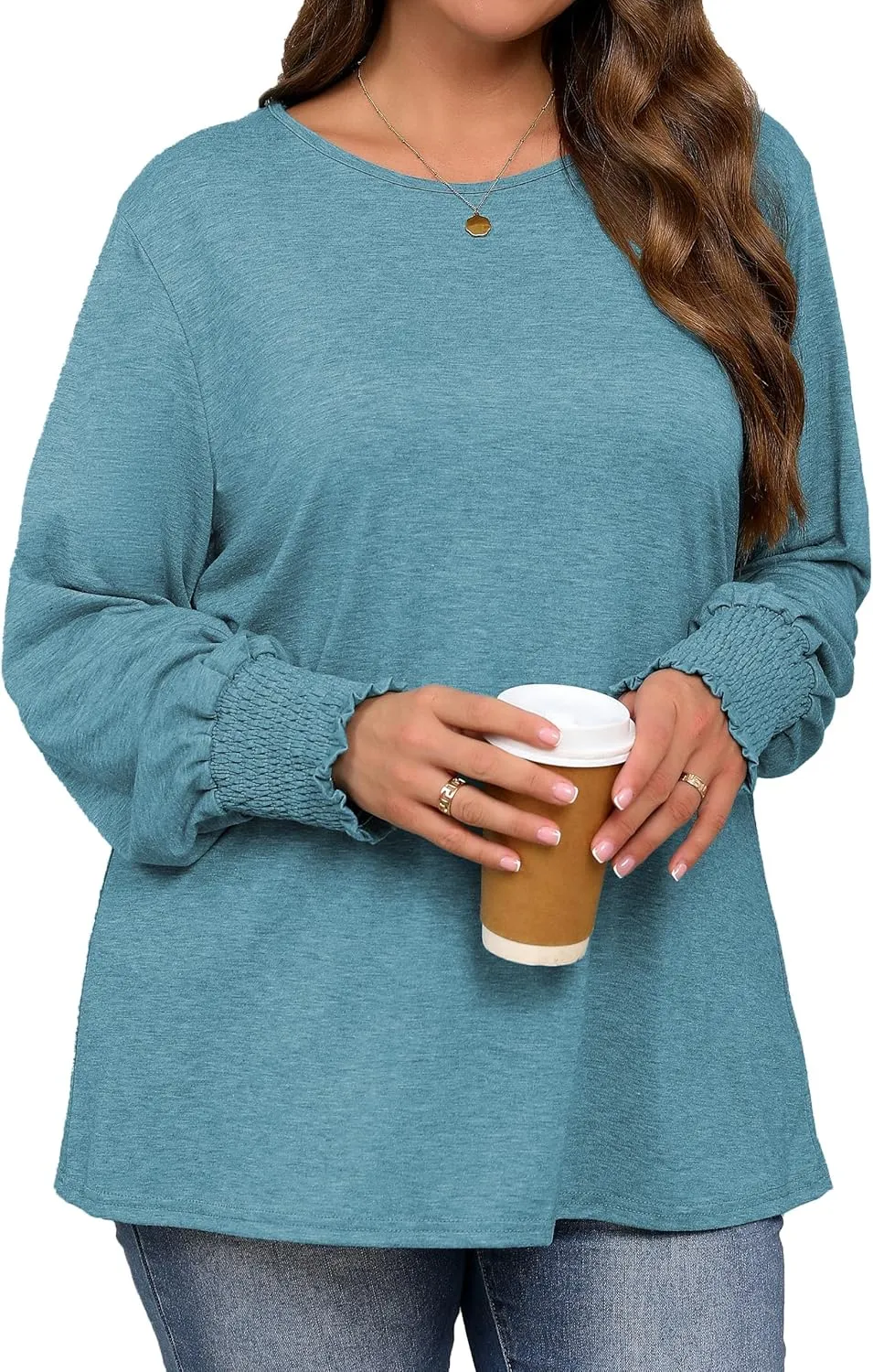 Plus Size Long Sleeve Shirts Womens Trendy Ribbed Sleeve Tshirts Loose Fit Casual Tops