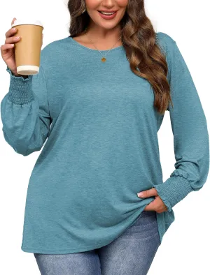 Plus Size Long Sleeve Shirts Womens Trendy Ribbed Sleeve Tshirts Loose Fit Casual Tops
