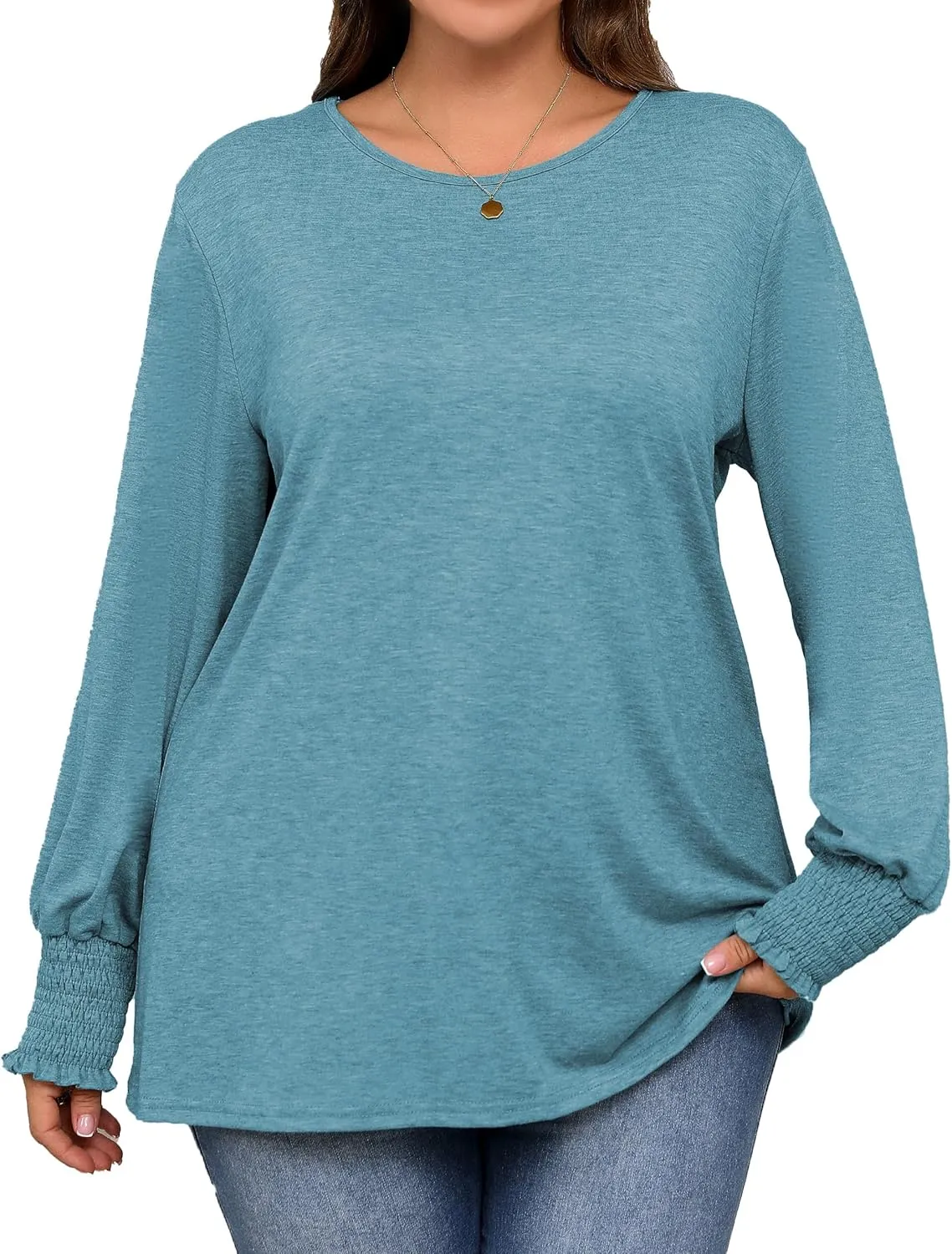 Plus Size Long Sleeve Shirts Womens Trendy Ribbed Sleeve Tshirts Loose Fit Casual Tops