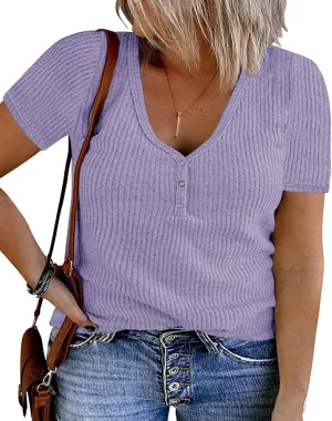 Plus Size V Neck Tank Tops for Women Summer Short Sleeve/Sleeveless Ribbed Button T-Shirts Tops Casual Henley Shirts