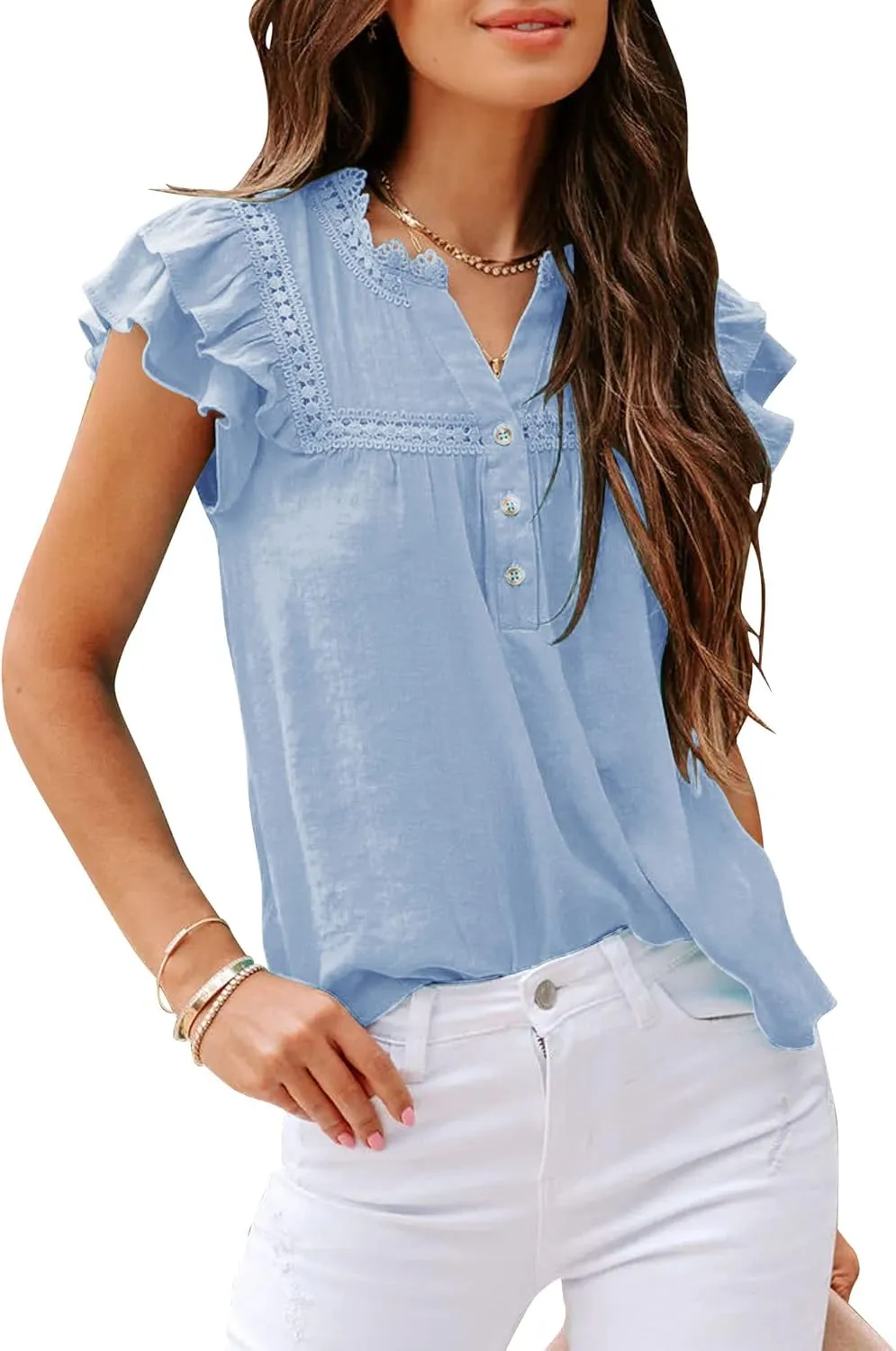PRETTODAY Women's V Neck Lace Crochet Shirts Button Down Short Sleeve Casual Blouse Tops