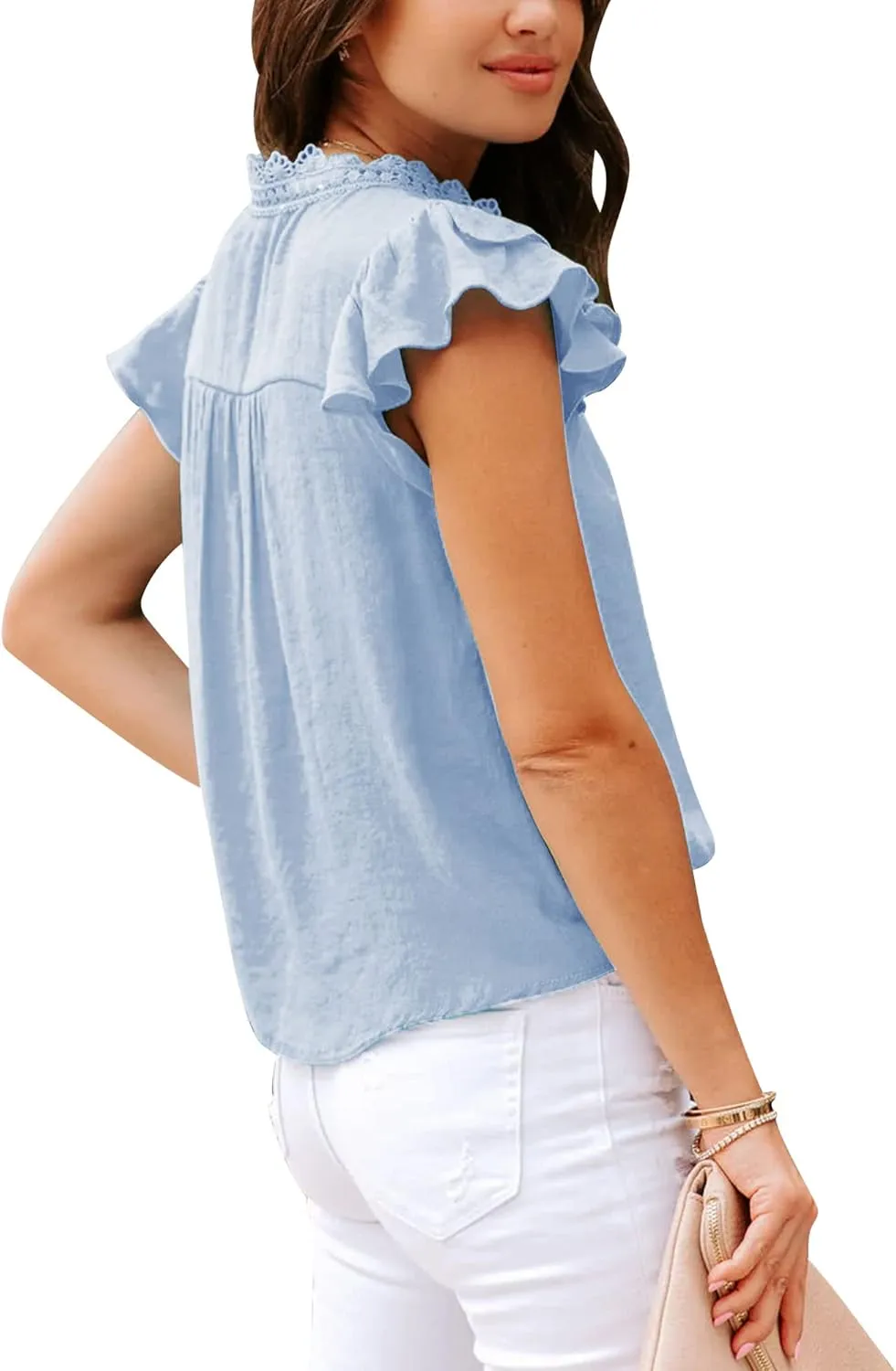 PRETTODAY Women's V Neck Lace Crochet Shirts Button Down Short Sleeve Casual Blouse Tops