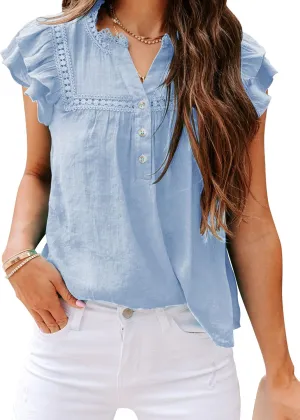 PRETTODAY Women's V Neck Lace Crochet Shirts Button Down Short Sleeve Casual Blouse Tops