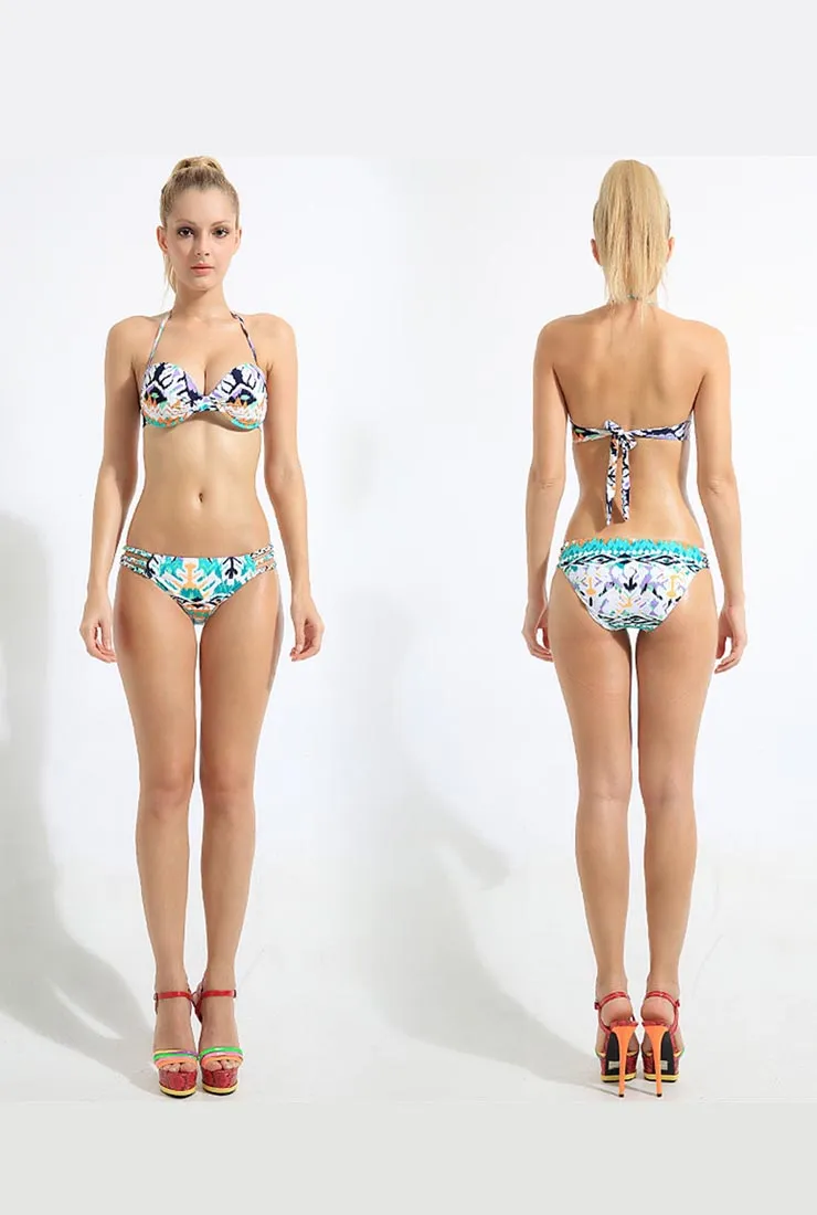 Printed Bikini Top & Strappy-Side Hipster Bikini Bottom Swim Suit