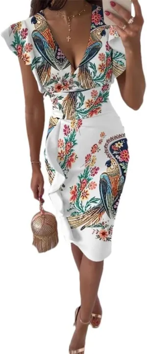 Printed Dress for Women Sexy Women's Tunic V Neck Floral Print Boho Beach Ruffle Short Sleeve A Line Mini (Color : G, Size : XL/X-Large)