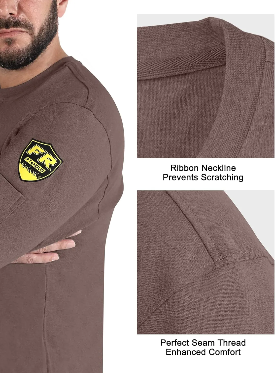 PTAHDUS FR Shirts for Men,5.5oz/7.1oz Round Neck Flame Resistant Long Sleeve Shirts, 100% Cotton Workwear FR Clothing for Men