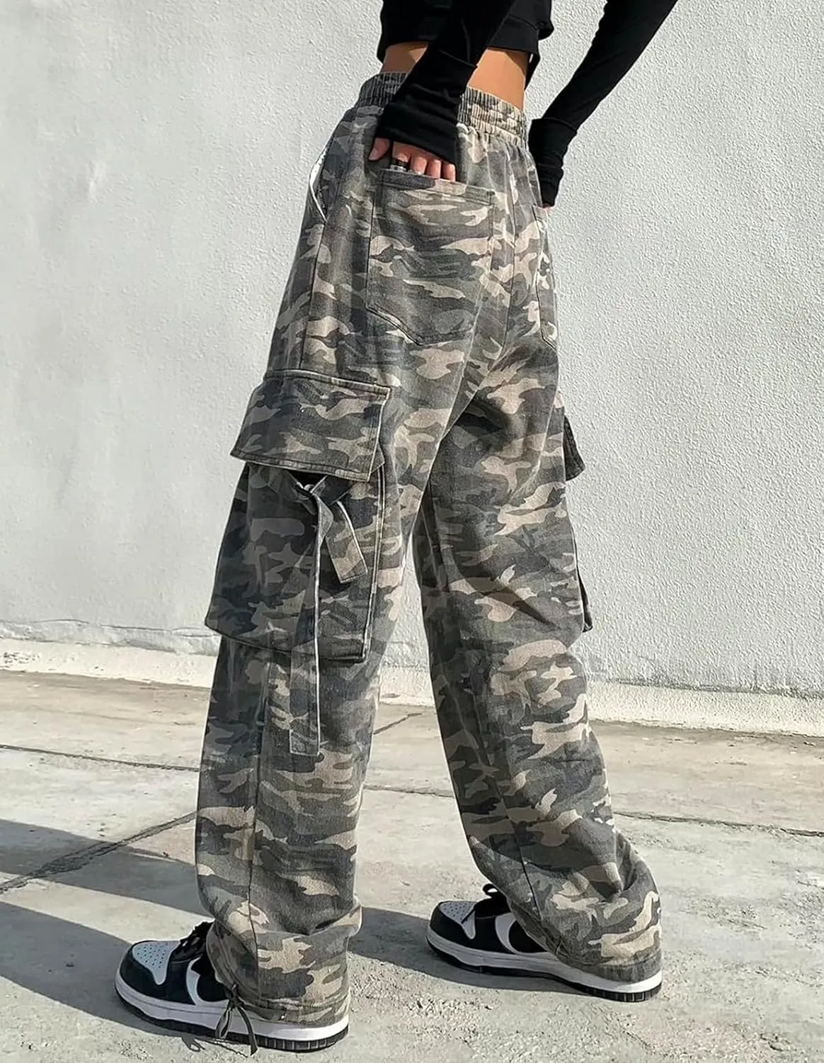 REFRASE LIFE Womens Cargo Pants High Waisted Wide Leg Baggy Streetwear Y2K Drawstring Camo Trousers,100% Cotton