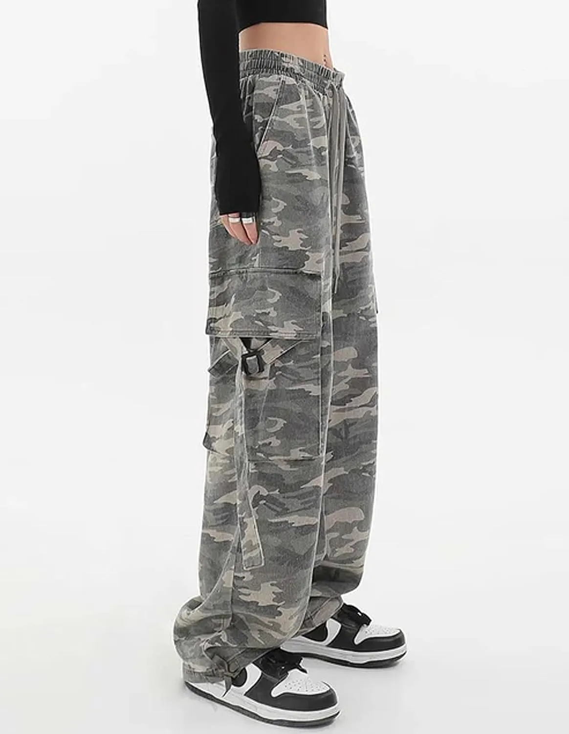 REFRASE LIFE Womens Cargo Pants High Waisted Wide Leg Baggy Streetwear Y2K Drawstring Camo Trousers,100% Cotton