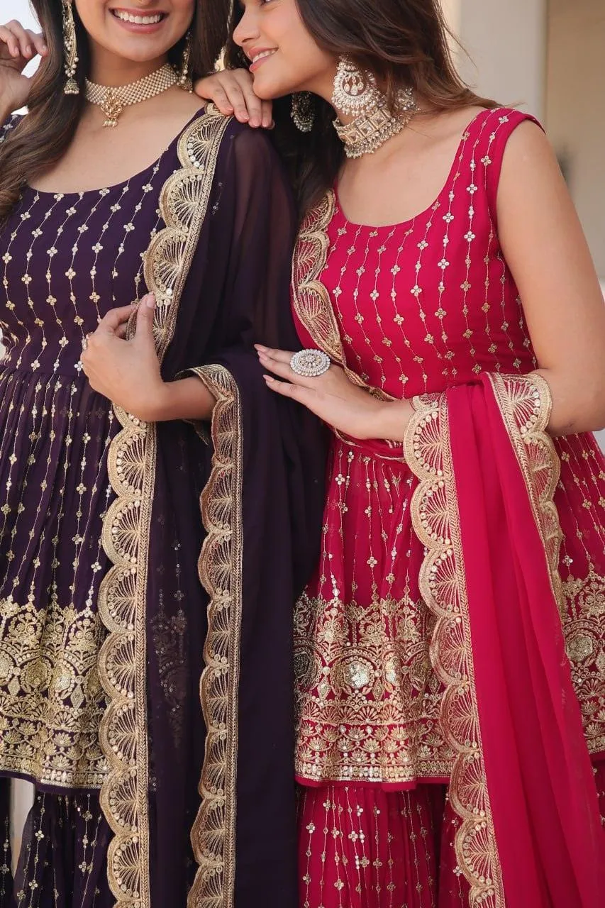 Regal Purple Elegance: Gharara Georgette Kurti with Sequins & Thread Embroidery