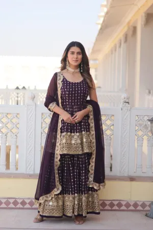 Regal Purple Elegance: Gharara Georgette Kurti with Sequins & Thread Embroidery