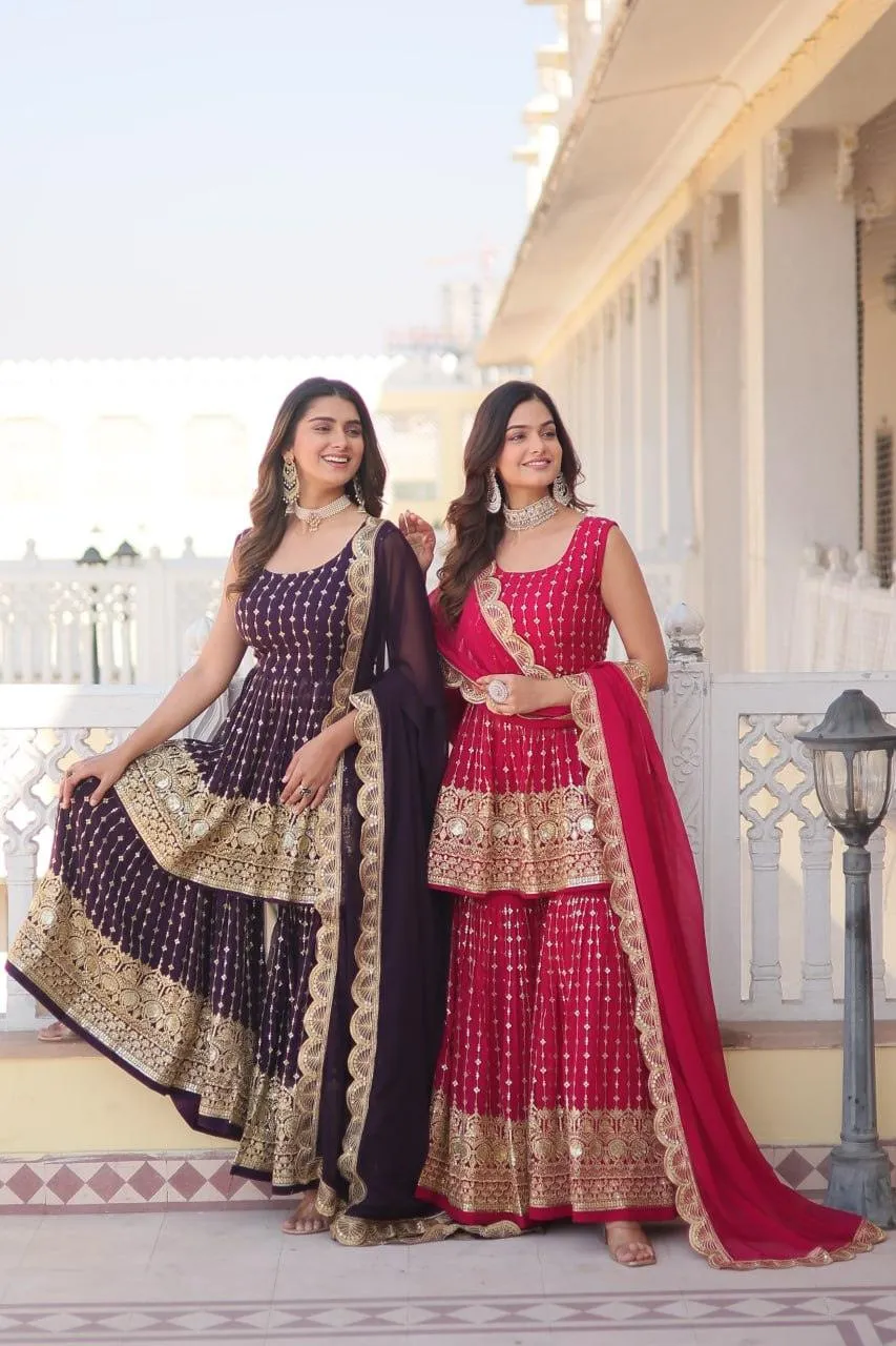 Regal Purple Elegance: Gharara Georgette Kurti with Sequins & Thread Embroidery