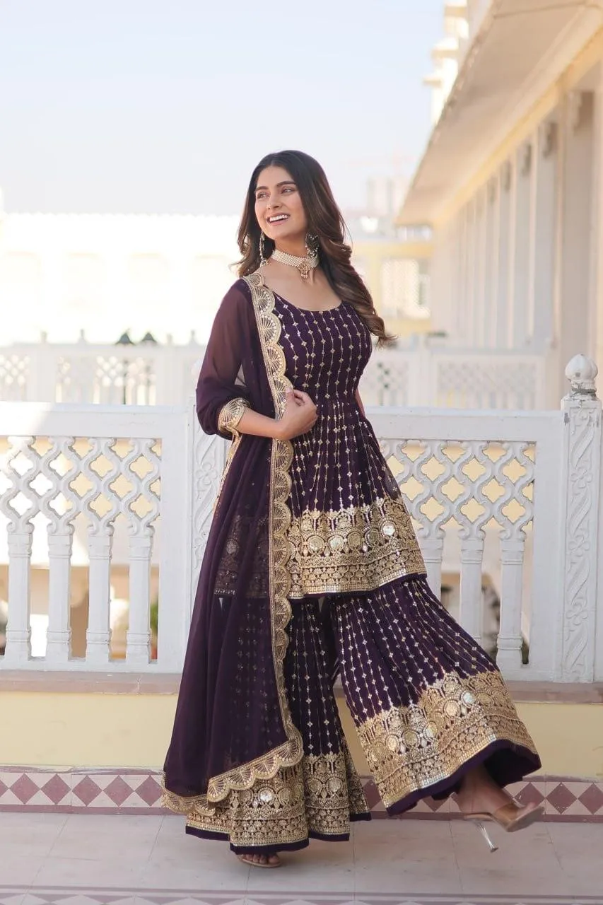 Regal Purple Elegance: Gharara Georgette Kurti with Sequins & Thread Embroidery