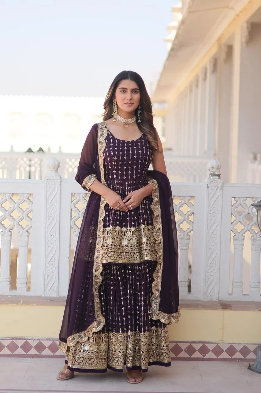 Regal Purple Elegance: Gharara Georgette Kurti with Sequins & Thread Embroidery