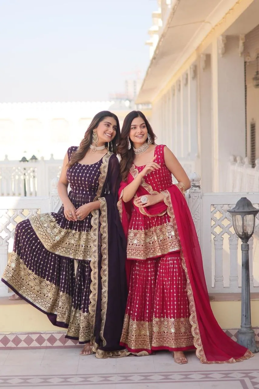 Regal Purple Elegance: Gharara Georgette Kurti with Sequins & Thread Embroidery