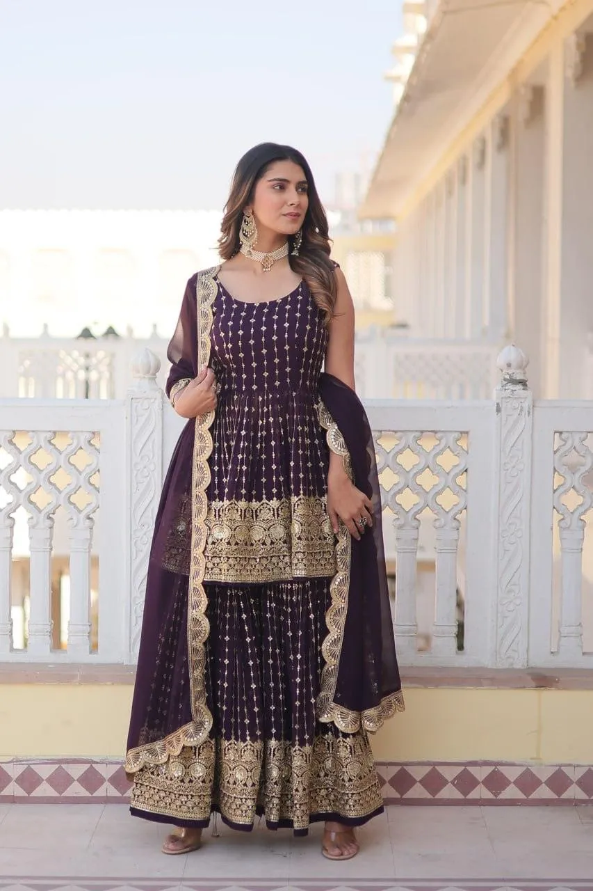 Regal Purple Elegance: Gharara Georgette Kurti with Sequins & Thread Embroidery