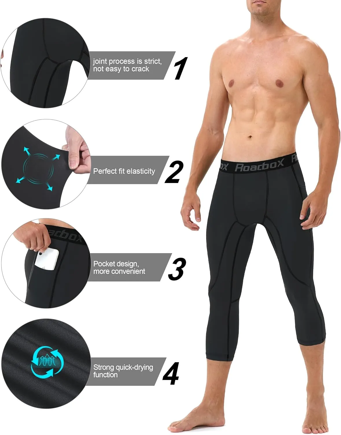 Roadbox Mens 3/4 Compression Pants with Pockets, 1/2 Pack Athletic Running Legging Tights, Workout Basketball Gym Base Layer