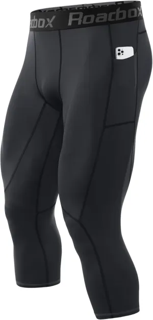 Roadbox Mens 3/4 Compression Pants with Pockets, 1/2 Pack Athletic Running Legging Tights, Workout Basketball Gym Base Layer