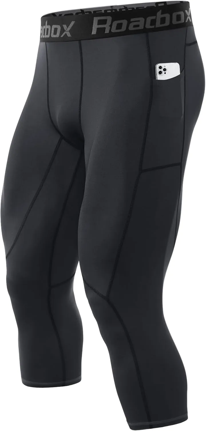 Roadbox Mens 3/4 Compression Pants with Pockets, 1/2 Pack Athletic Running Legging Tights, Workout Basketball Gym Base Layer
