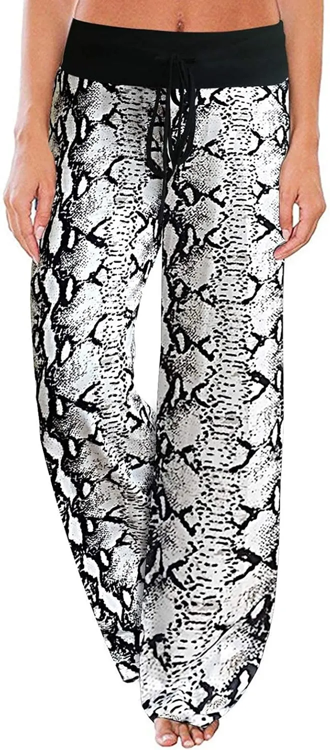 ROSA JUNIO Comfy Pajama Pants for Women Casual Drawstring Floral Palazzo Lounge Pants Stretch Wide Leg Bottoms
