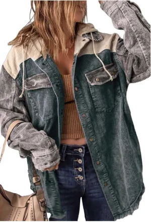 Ru Sweet Women's Corduroy Hooded Colorblock Long Sleeve Jacket Color Block Shirts Coat Outwear